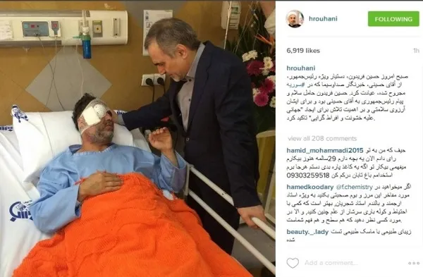 آخرین تصویر صفحه اینستاگرام رئیس جمهور؛ صبح امروز حسین فریدون، دستیار ویژه رئیس‌جمهور، از حسینى، خبرنگار صداوسیما که در سوریه مجروح شده، عیادت کرد.