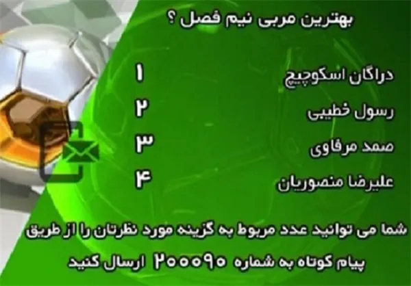  سوال پیامکی این برنامه اختصاص به انتخاب بهترین مربی نیم فصل لیگ برتر داشت که مخاطبان گزینه های دراگان اسکوچیچ، رسول خطیبی، صمد مرفاوی و علیرضا منصوریان را پیش رو داشتند.