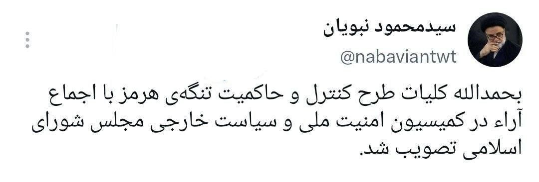 سید محمود نبویان خبر داد: طرح کنترل و حاکمیت تنگه هرمز تصویب شد