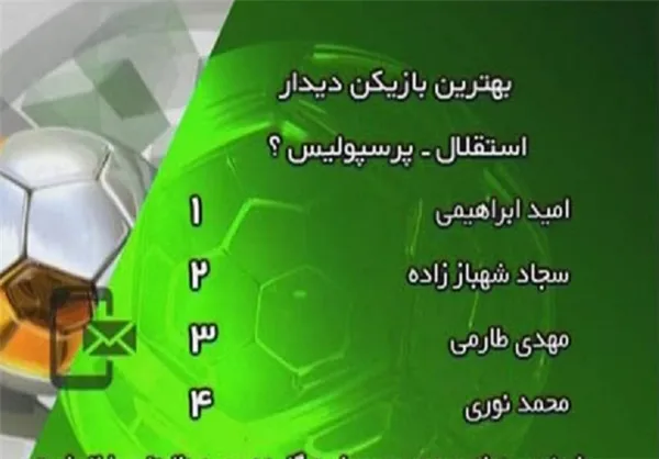 سوال پیامکی این هفته اختصاص به انتخاب بهترین بازیکن دربی داشت که مخاطبان 4 گزینه امید ابراهیمی، سجاد شهباززاده، مهدی طارمی و محمد نوری را پیش‌رو داشتند.